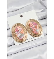 Pirinç Mermer Desenlli Pembe Sedef Oval Vintage Model Gold Renk Kadın Küpe (Altın)