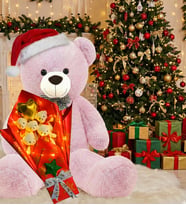 Yılbaşı Konsepti-LED Işıklı Romantik Yeşil - Kırmızı-  Beyaz Peluş Ayıcık Buketi ve 90 cm Peluş Ayı (Pembe)