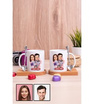 Eşe Romantik Hediye Karikatürlü İkili Ahşap Altlıklı Beyaz Kupa Bardak
