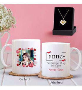 BK Gift Kişiye Özel Fotoğraflı Anne Tasarımlı Kupa ve Papatya Kolye Hediye Seti-1 (Model 1)