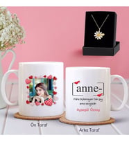 BK Gift Kişiye Özel Fotoğraflı Anne Tasarımlı Kupa ve Papatya Kolye Hediye Seti-1 (Model 1)