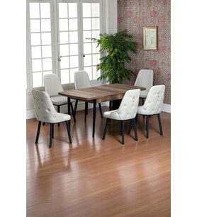 Sonata Ceviz 80 x 132 Açılabilen MDF Masa Siyah Metal Ayaklı Mutfak Masası 6 Krem Sandalye