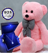 Büyük Boy Pembe Peluş Ayıcık ve Gerçek 925 Ayar Gümüş Kolye Seti (Model 5)