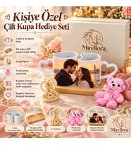 Mirellora Birleşen Fotoğraflı Çift Kupa Hediye Seti – Peluş Ayıcık ve Sevgili Figürü