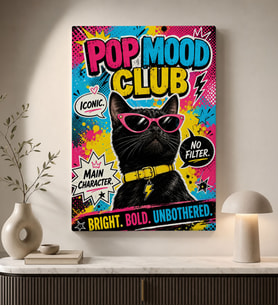 BK Gift Pop Mood Club Yazılı Güneş Gözlüklü Siyah Kedi Pop Art Renkli Kanvas Duvar Tablosu 50x70 cm