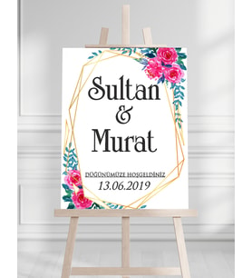 Söz Nişan Düğün İçin 50x70 Karşılama Panosu - Renkli Çiçek ve Yaprak Tasarımlı