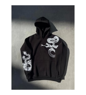Uzun Kol Kapşonlu Baskılı SweatShirt - Siyah