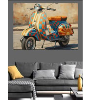 Mavi Turuncu Damalı Retro Scooter Motosiklet Dekoratif Kanvas - Mdf Ahşap Tablo