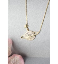 Gezegen Kolye Zirkon Taşlı Silver 925 Ayar Gümüş Zincir Kolye (Gold)