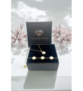(ÖZEL KUTULU) 925 Ayar Gümüş Van Cleef Gold 2 Li Set Kolye Bileklik