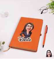 BK Gift Kişiye Özel Kadın Patron Karikatürlü Turuncu Termo Deri Defter Kalem Seti Model 4