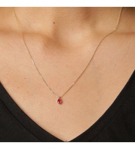 Pembe Taşlı Damla Kolye (Altın)