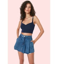 Kadın Denim Şort Etek Pileli Slim Kalıp Pamuklu Yazlık Günlük Hafta Sonu Dayanıklı Malzeme (Mavi)