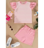 Çizgili Volanlı Kol Tshirt Şort Pembe Takım