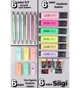 DEKOMUS İLE 12'Lİ FOSFORLU , 6'LI UÇLU KALEM 0.7 MM VE 6'LI SİLGİ KIRTASİYE SETİ