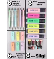 DEKOMUS İLE 12'Lİ FOSFORLU , 6'LI UÇLU KALEM 0.7 MM VE 6'LI SİLGİ KIRTASİYE SETİ