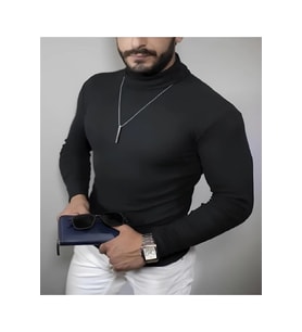 Erkek Kaşkorse Boğazlı Full Likralı Fitilli Body Kazak - Siyah