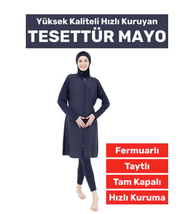 Özel Üretim Yüksek Kaliteli Konforlu Fermuarlı Taytlı Tam Kapalı Yüzücü Deniz Havuz TESETTÜR MAYO (Lacivert)