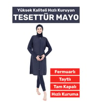 Özel Üretim Yüksek Kaliteli Konforlu Fermuarlı Taytlı Tam Kapalı Yüzücü Deniz Havuz TESETTÜR MAYO (Lacivert)