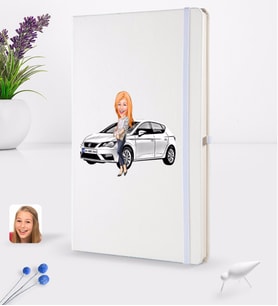 BK Gift Kişiye Özel Plakalı Kadın Seat Leon Karikatürlü Beyaz Termo Deri Defter 16x24cm Model 1