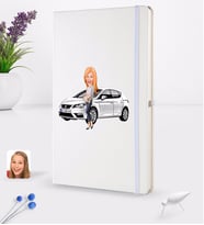 BK Gift Kişiye Özel Plakalı Kadın Seat Leon Karikatürlü Beyaz Termo Deri Defter 16x24cm Model 1