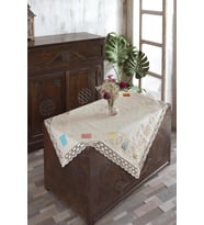Buldan Keteni Dantelli Yamalı İplik İşlemeli Masa Örtüsü (Natural)