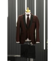 Regular Fit Armürlü Kırlangıç Yaka Yelekli Flarlı Smokin Takım Elbise (Bordo)