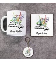 Arapça Öğretmeni Kupa Bardak Altlık ve Anahtarlık Hediye Seti (Model 1)