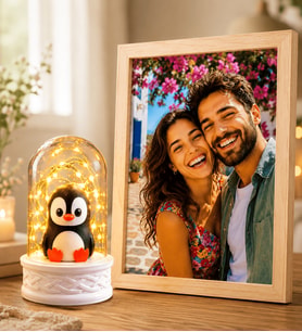 Kişiye Özel Fotoğraflı Ahşap Çerçeve ve LED Işıklı Penguenli Fanus Sevgiliye Hediye