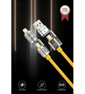 Torima U23 Sarı 4in1 Silikon 240W USB-A/Type-C Giriş,Type-C/Lightning Çıkış Hızlı Şarj Data Kablosu
