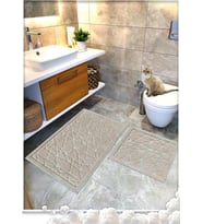 Pamuk Dokuma Su Emici Banyo Paspas Seti, Banyo Halısı Cam 2 Li Set 60x100-60x50 (BEJ)