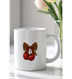 Leopar Fiyonk ve Kiraz Desenli 330ml Baskılı Beyaz Seramik Kupa Bardak