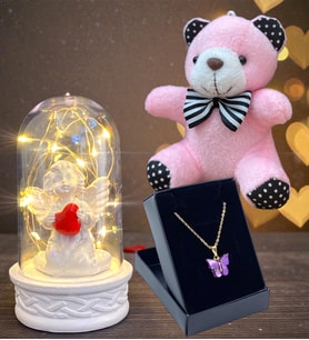 Tasarım Kelebek Kolye, Peluş Anahtarlık ve Led Işıklı Fanus Hediye Seti (Model 3)
