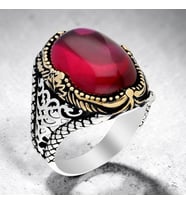 925 Ayar Gümüş Oval Kırmızı Ruby Taşlı Erkek Yüzük