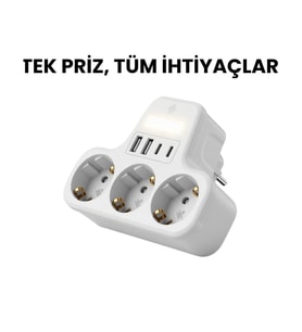3’lü Duvar Tipi Akım Korumalı Priz 2 USB-A + 2 Type-C Girişli LED Gece Lambalı Akıllı Çoklu Priz