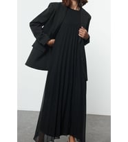 Moda Stil Regular Bisiklet Yaka Uzun Tesettür Piliseli Dokuma İçlik Elbise