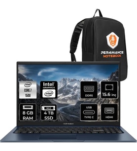 Asus Vivobook 15 Core 7 150U Notebook 8GB RAM 4TB SSD 15.6" FHD FreeDOS + Per4 Çanta X1504VABQ5456P305