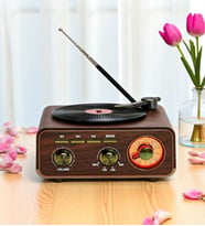 Ultratekno M-1317BT Plak Çalar Görünümlü Özel Tasarım Retro Vintage Nostaljik Radyo & Bluetootlu Mini Fm Radyo (Koyu Kahve)