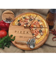BK Gift Kişiye Özel İsimli Bambu Ahşap Döner Tablalı Pizza Tahtası-1, Pizza Kesme Tahtası Seti, Şarküteri Tahtası, Servis Tepsisi, Ahşap Tabak, Eve Taşınma Hediyesi