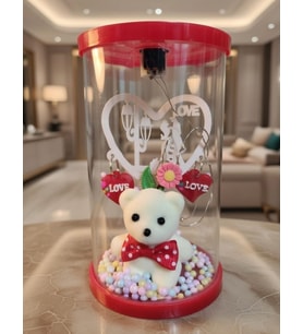 led ışıklı beyaz ayıcıklı papyonlu sevimli ayıcıklı cam fanus 14 cm