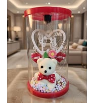 led ışıklı beyaz ayıcıklı papyonlu sevimli ayıcıklı cam fanus 14 cm (Kırmızı)