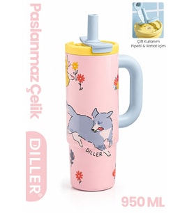 DILLER Tumbler 950 ML Tek Kapak Çift Kullanım Pipetli Rahat İçim Kulplu Paslanmaz Çelik Termos F9512