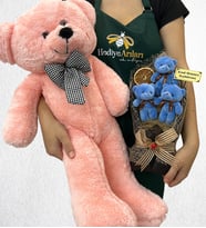 Büyük Boy Pembe Peluş Ayıcık ve Kişiye Özel 3'lü Peluş Ayıcık Buketi (Model 4)