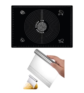 Siyah Silikon Ölçülü Çok Amaçlı Hamur Açma Matı 45 Cm X 65 Cm ve Ölçülü Çelik Hamur Kesme Spatulası