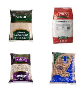YAZAR KURU GIDA SETİ 5KG GÖNEN BALDO PİRİNÇ-5KG KARABUĞDAY UNU-5KG FASULYE-5KG NOHUT