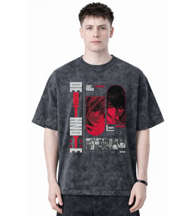 Tasarım Death Note Light Yagami Anime Baskılı Unisex Oversize Eskitme Yıkamalı Tişört