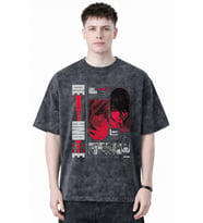 Tasarım Death Note Light Yagami Anime Baskılı Unisex Oversize Eskitme Yıkamalı Tişört