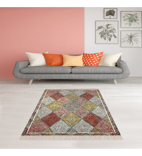 Geometrik Karo Desenli Dijital Baskı Yıkanabilir Kaymaz Taban Modern Salon Halısı ve Yolluk (Koyu Bej)