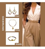 Handcraftedbyoz, Kadın, Etnik, Bohem, El yapımı, Kahve Yaprak Kolye, Bileklik, Küpe Seti (Karışık)