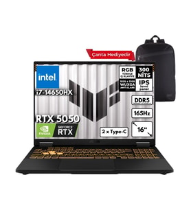 Asus Tuf Gaming F16 I7-14650HX 48-Gbddr5 1 Tbssd RTX5050 (8GB-GDDR7-115W) 16" Wuxga 165Hz Freedos + Sırt Çantası FX608JHR-RV048ZG4